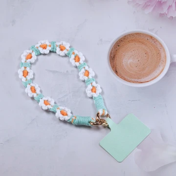 小花朵編織×手機腕帶掛繩×綠白