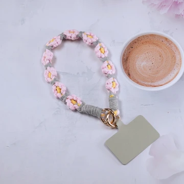 小花朵編織&times;手機腕帶掛繩&times;灰粉