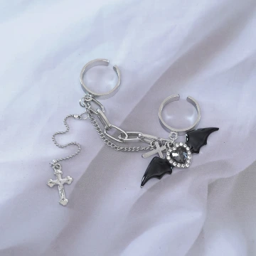 甜酷惡魔十字架&times;二套件連接戒指組