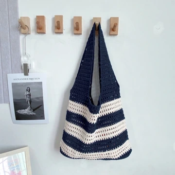 條紋拼接鏤空針織×肩背包×深藍