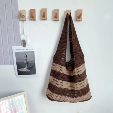 條紋拼接鏤空針織×肩背包×棕咖