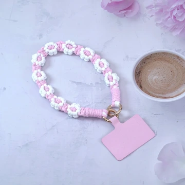 小花朵編織&times;手機腕帶掛繩&times;粉白