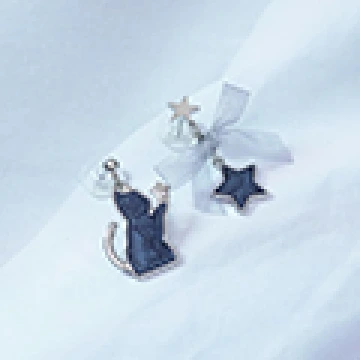 炫藍貓咪蝴蝶結星星&times;不對稱吊墜耳環
