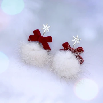 雪花紅絨毛球×吊墜耳環