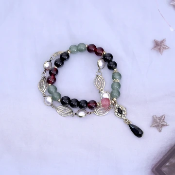 雙層暗黑柳葉黑水滴×固定式串珠手鍊