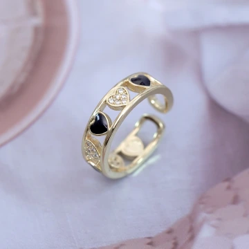 金黑愛心鏤空晶鑽&times;開口戒指