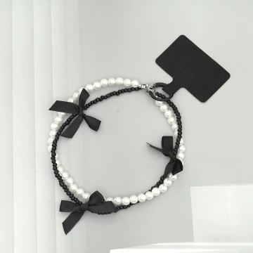 芭蕾風蝴蝶結珍珠&times;雙層手機腕帶掛繩&times;黑色