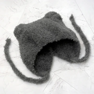 羔毛繫繩小耳朵&times;毛帽&times;灰色