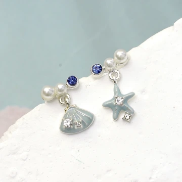 水藍海星貝殼&times;不對稱吊墜耳環