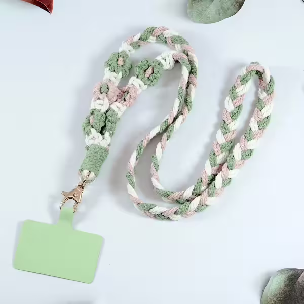 粗麻辮小花朵×手機單勾掛脖吊繩×粉綠
