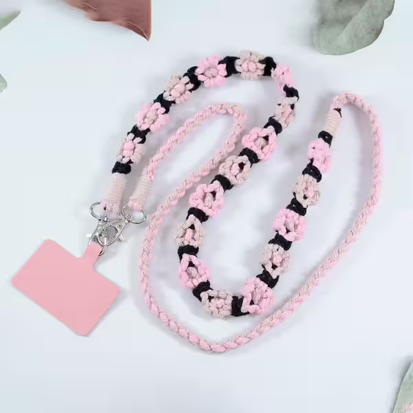 粉黑花朵辮子雙拼×手機斜背雙勾掛繩
