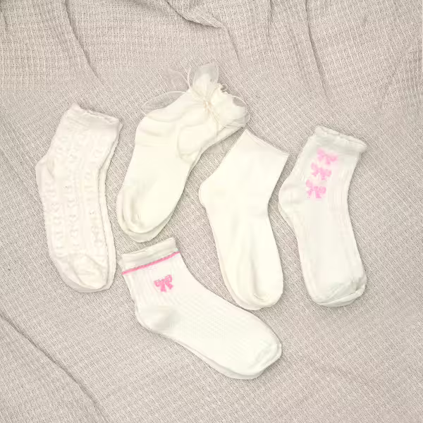 白粉蝴蝶結×中筒襪×五雙套件襪子組