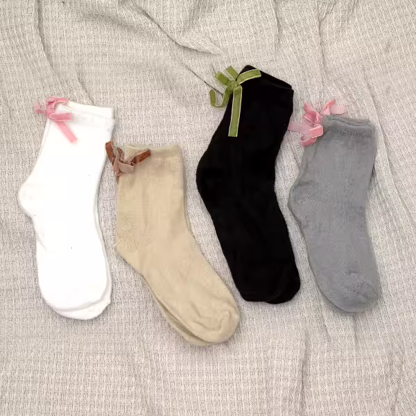 蝴蝶結毛襪&times;中筒襪&times;四雙套件襪子組