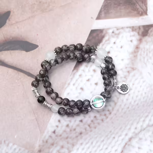 復古黑棕斑紋圖騰&times;雙層固定式串珠手鍊