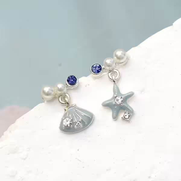 水藍海星貝殼&times;不對稱吊墜耳環