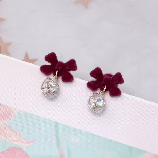 植絨蝴蝶結晶鑽球&times;蚊香盤U型耳夾