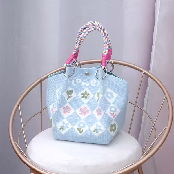 藍底碎花&times;針織手提袋