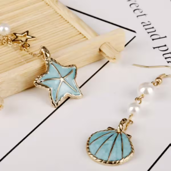 海星貝殼×不對稱吊墜耳鉤×粉綠-第3張