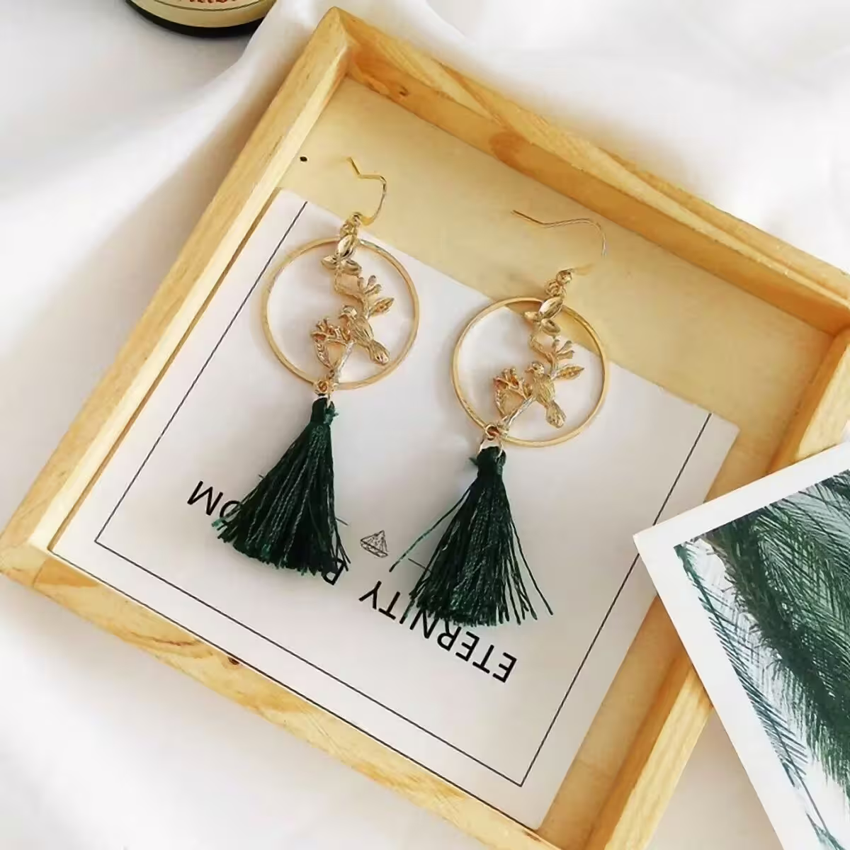 小鳥枝葉圓圈綠意流蘇×吊墜耳勾-第2張