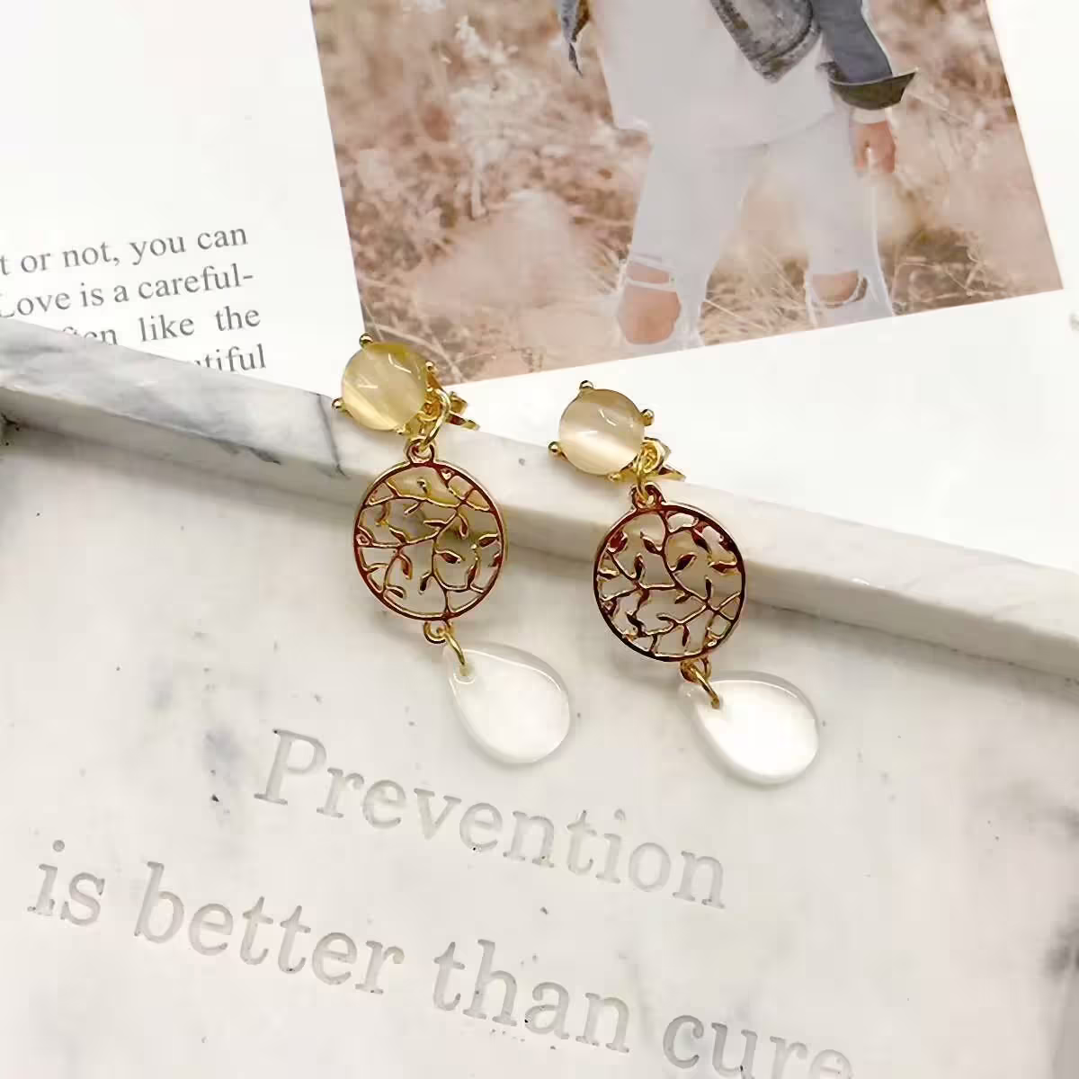 鏤空樹貓眼石水滴×三角耳夾-第4張