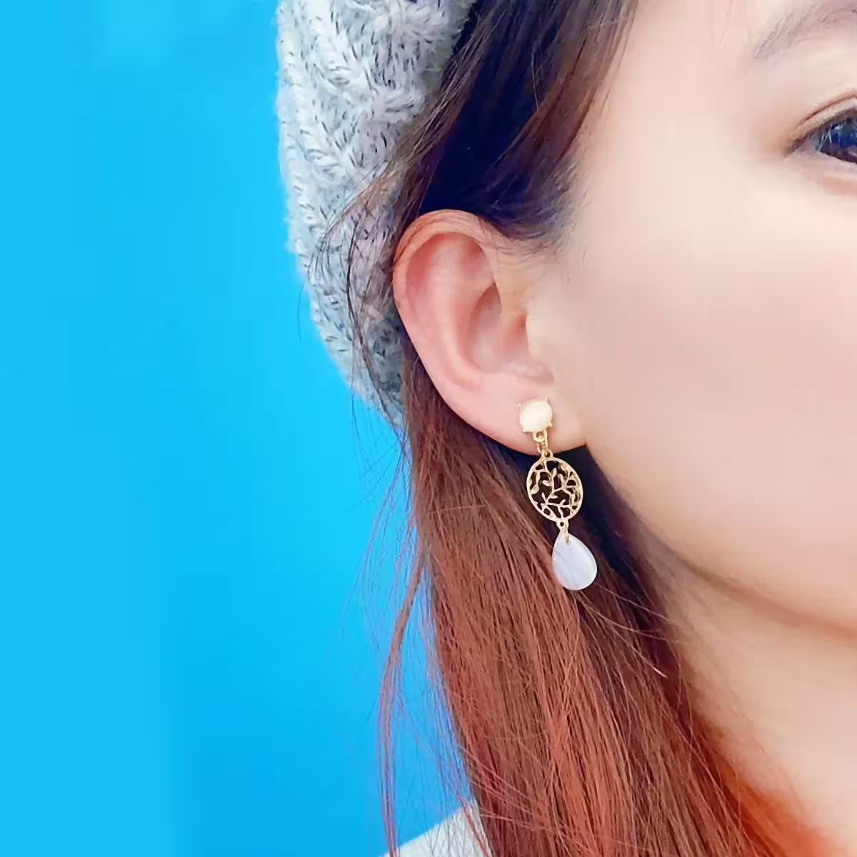 鏤空樹貓眼石水滴×三角耳夾-第6張