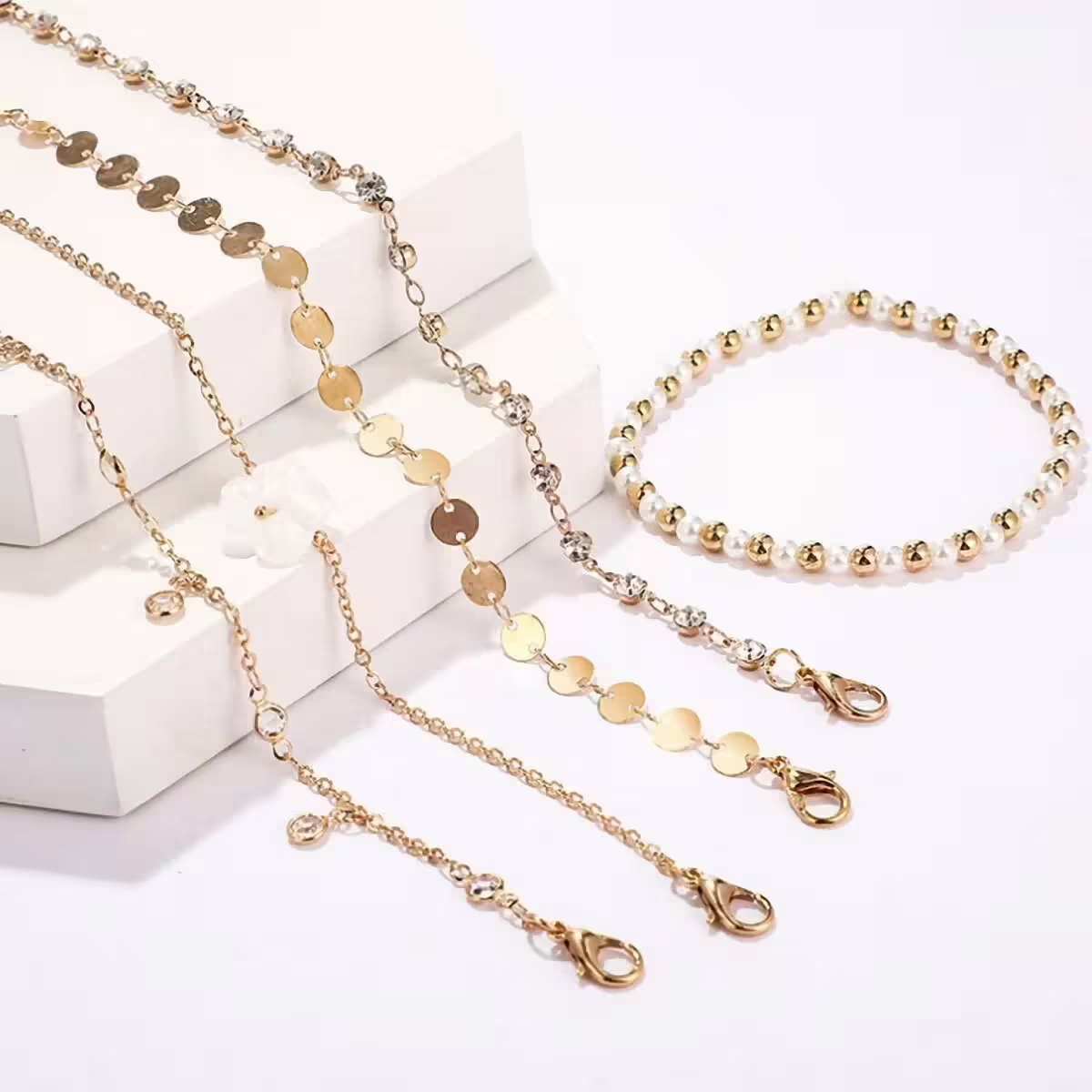 圓鎖片小珍珠花朵×五套件腳鍊組-第3張