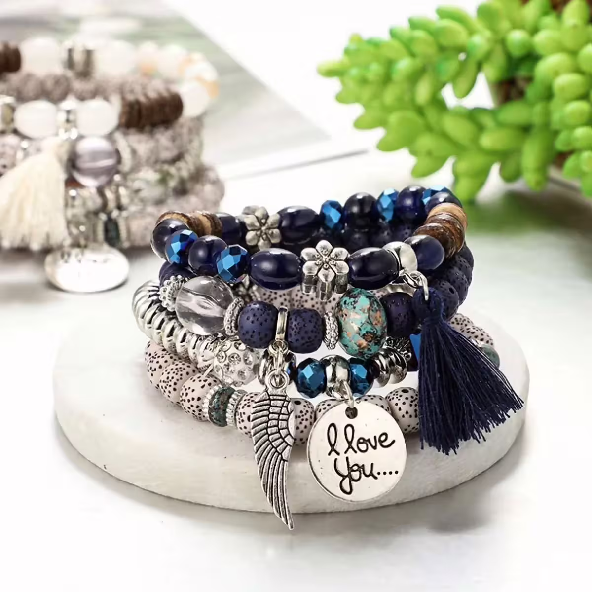 波西米亞字母翅膀流蘇&times;四套件串珠手環組&times;藏藍-第4張