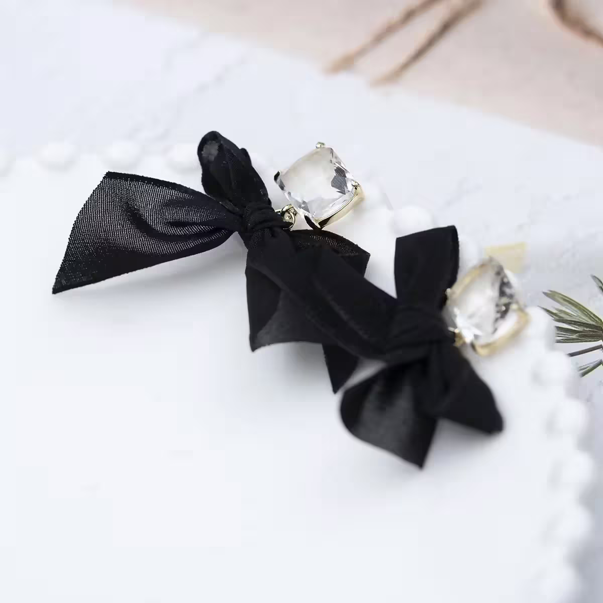 黑緞帶蝴蝶結方晶×吊墜耳環-第5張
