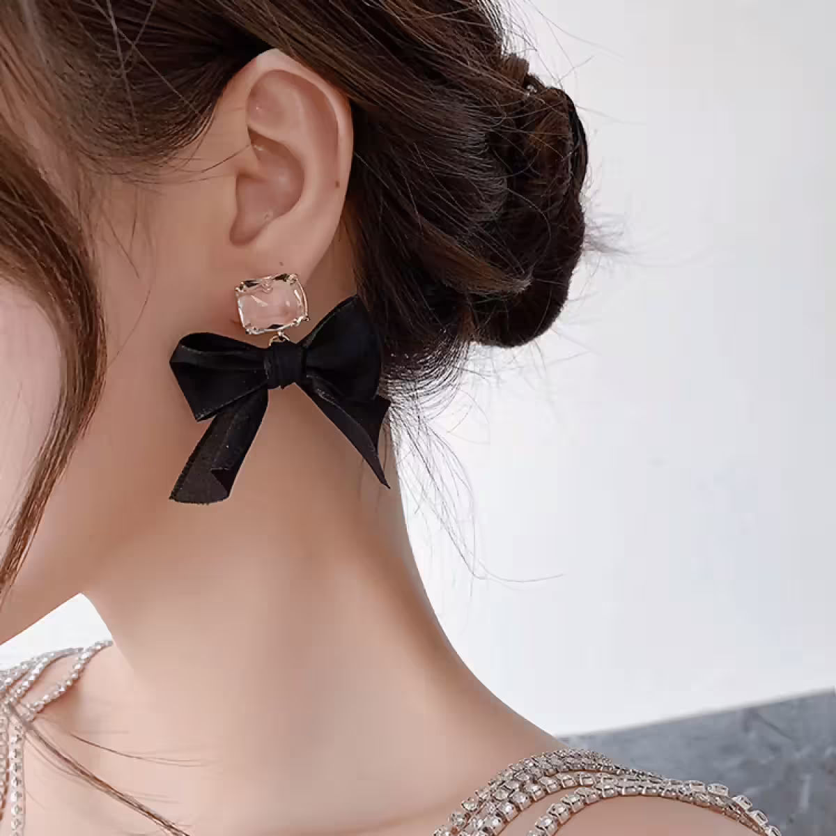 黑緞帶蝴蝶結方晶×吊墜耳環-第3張