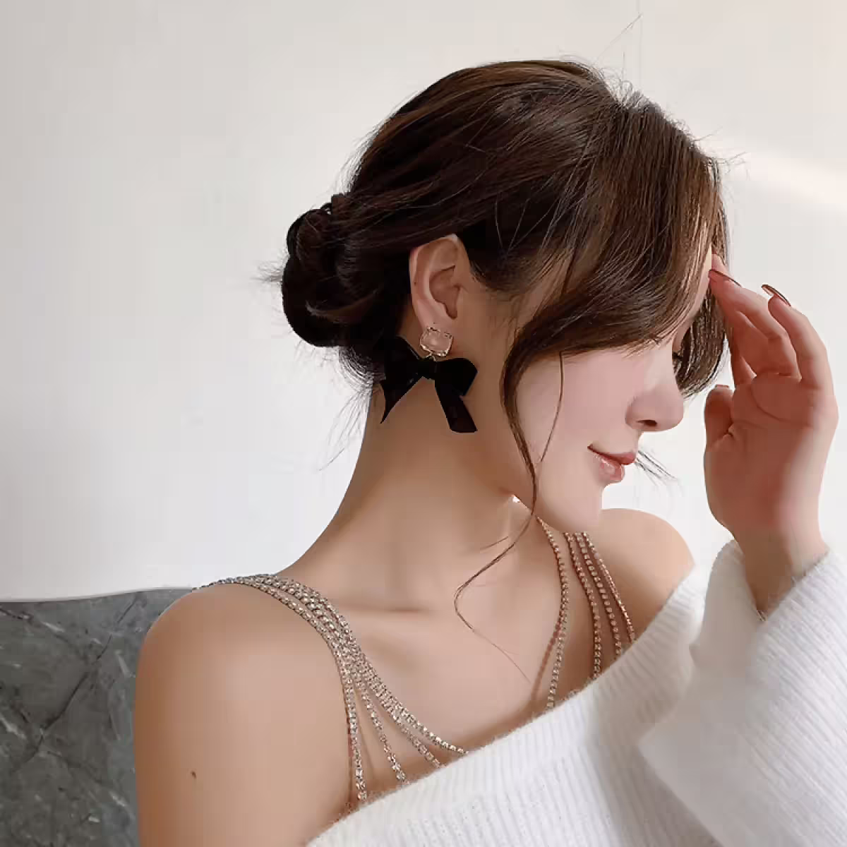 黑緞帶蝴蝶結方晶×吊墜耳環-第4張