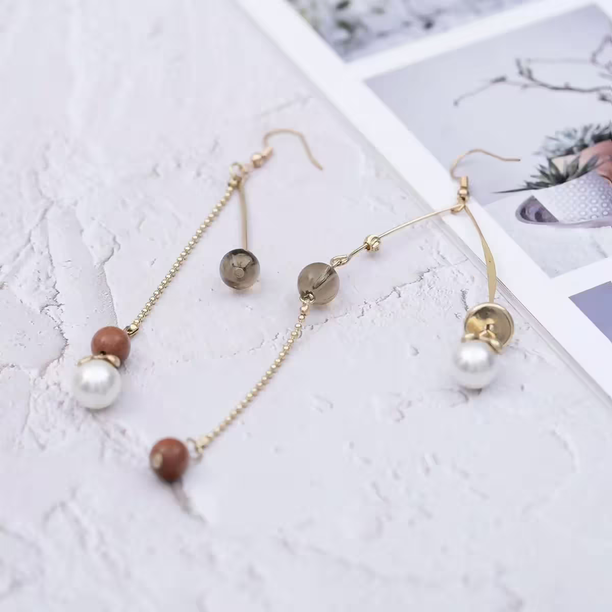 波西米亞平衡串珠&times;不對稱吊墜耳勾-第3張