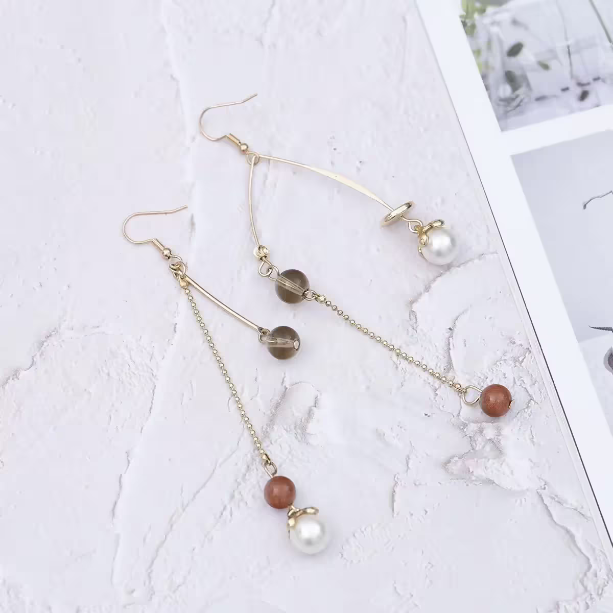 波西米亞平衡串珠&times;不對稱吊墜耳勾-第1張