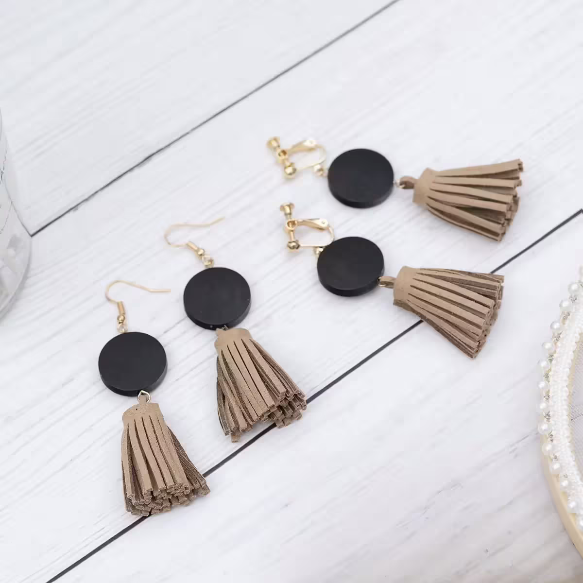 麂皮流蘇黑色圓木&times;螺旋耳夾-第5張