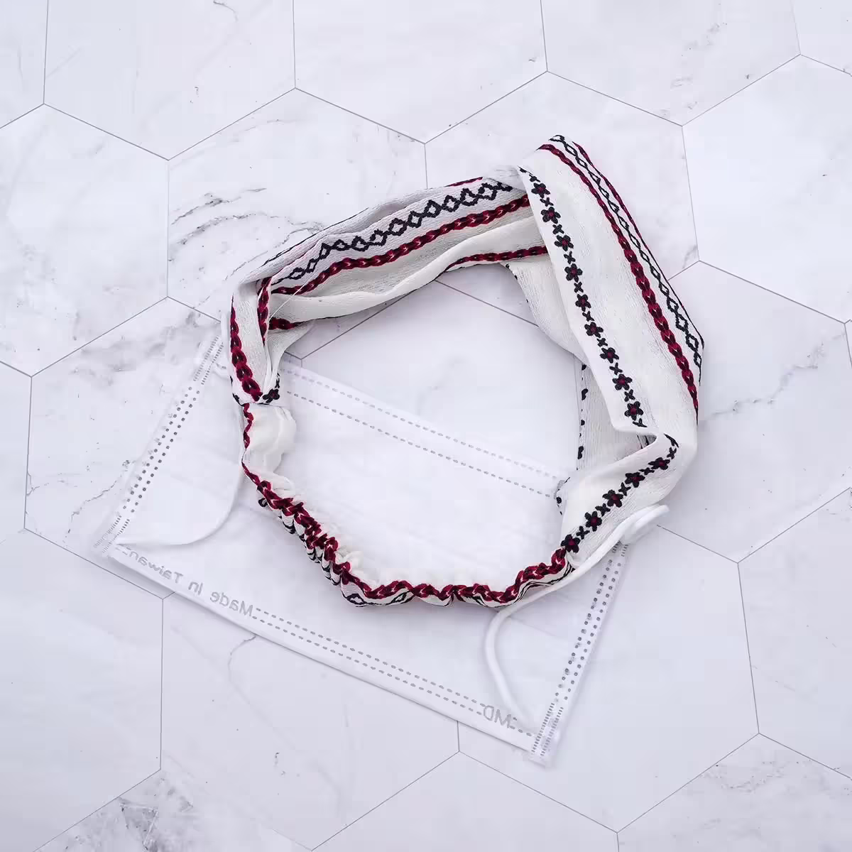 白底條紋雪紡紗×口罩防勒髮帶-第3張