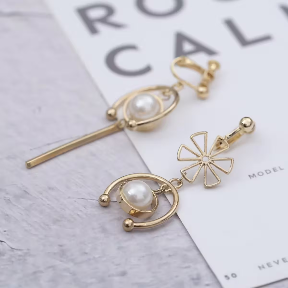 大U環小花珍珠×不對稱螺旋耳夾-第4張