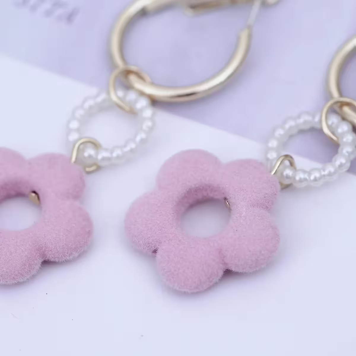 粉花植絨圓環珍珠×吊墜耳環-第4張