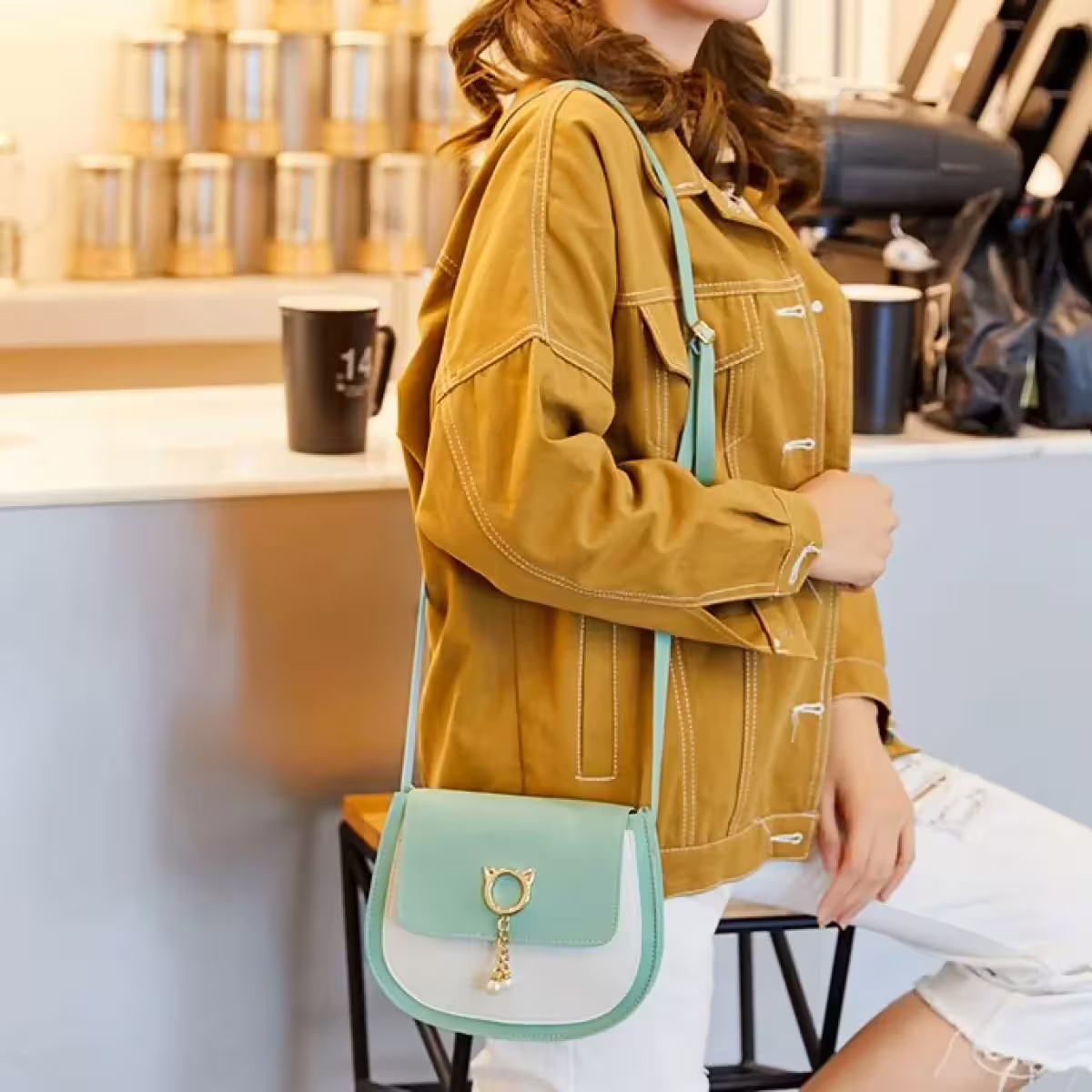 糖果色貓咪馬鞍包×皮革扁繩×斜背包×橘色-第5張