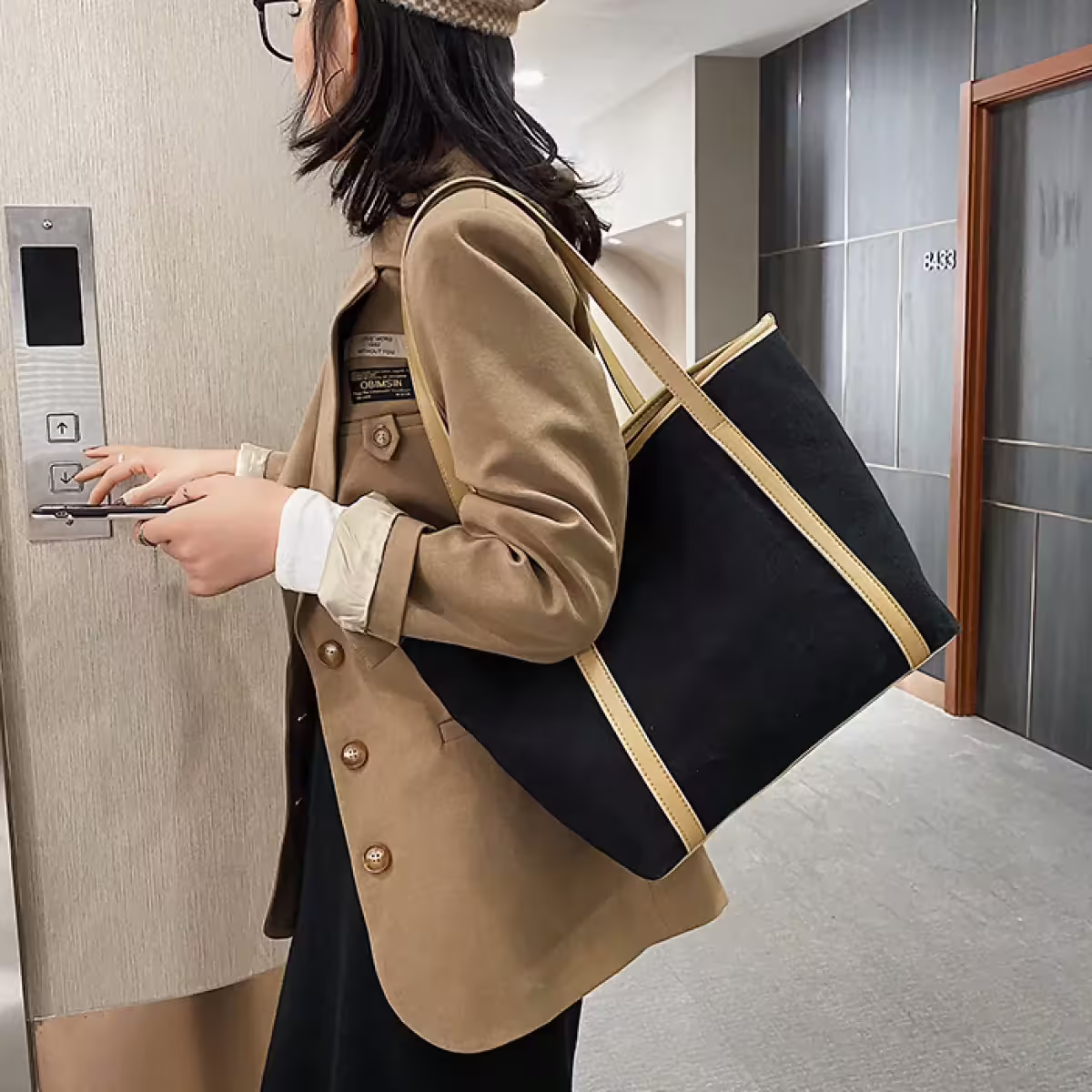 亞麻帆布皮革&times;肩背袋&times;黑色-第6張
