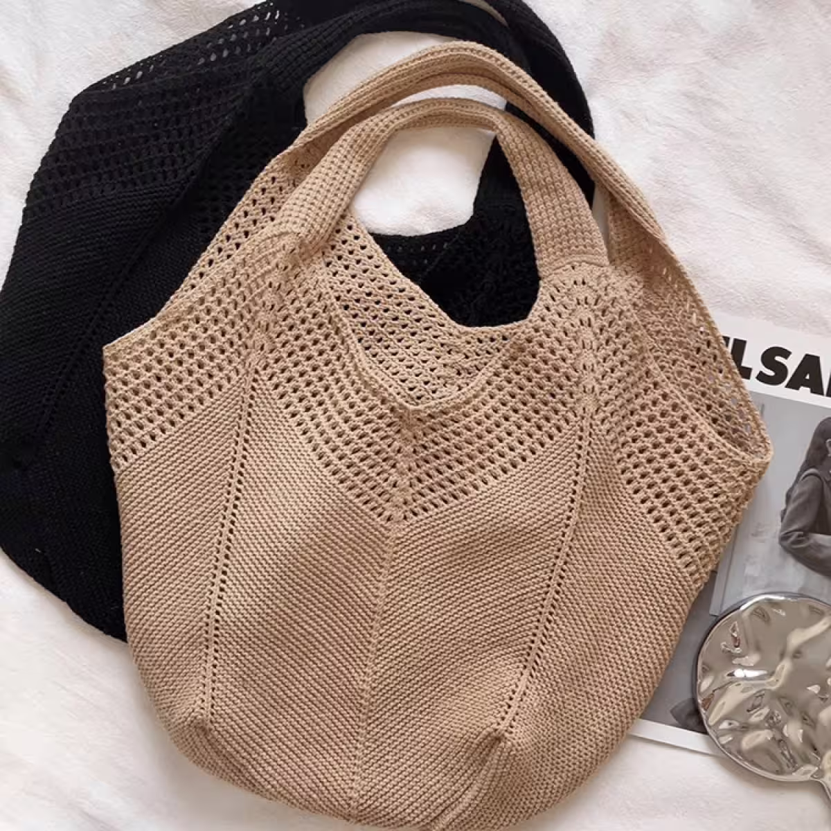 素色M型鏤空針織×肩背包×棕咖-第4張