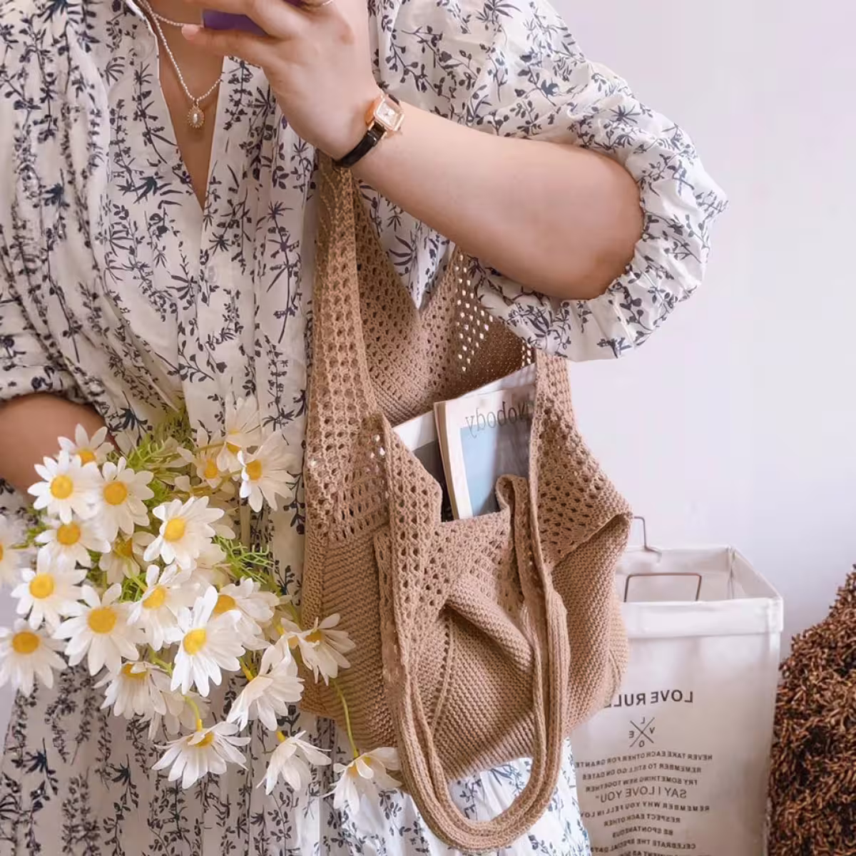 素色M型鏤空針織×肩背包×棕咖-第5張