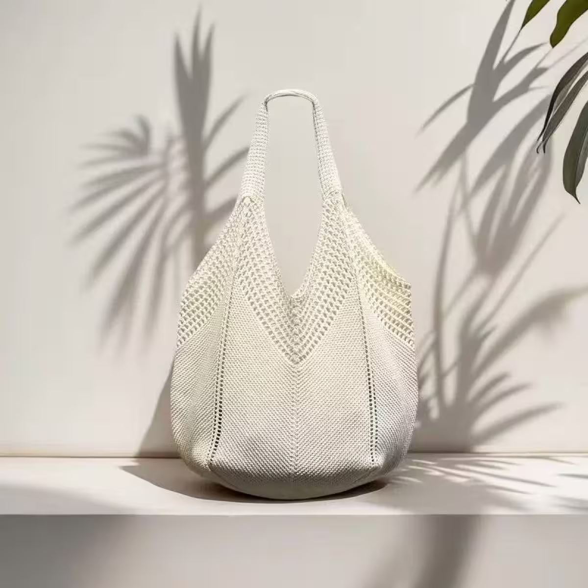 素色M型鏤空針織×肩背包×白色-第1張