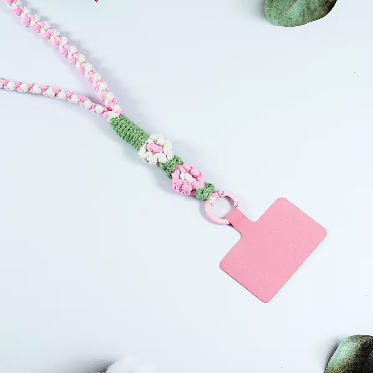 兩朵撞色小花×手機單勾掛脖吊繩×粉白-第3張