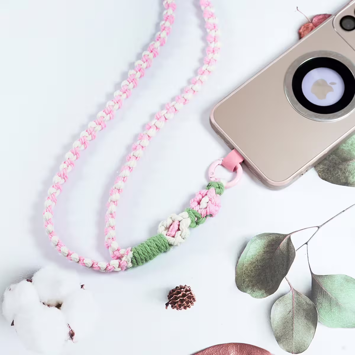 兩朵撞色小花×手機單勾掛脖吊繩×粉白-第4張