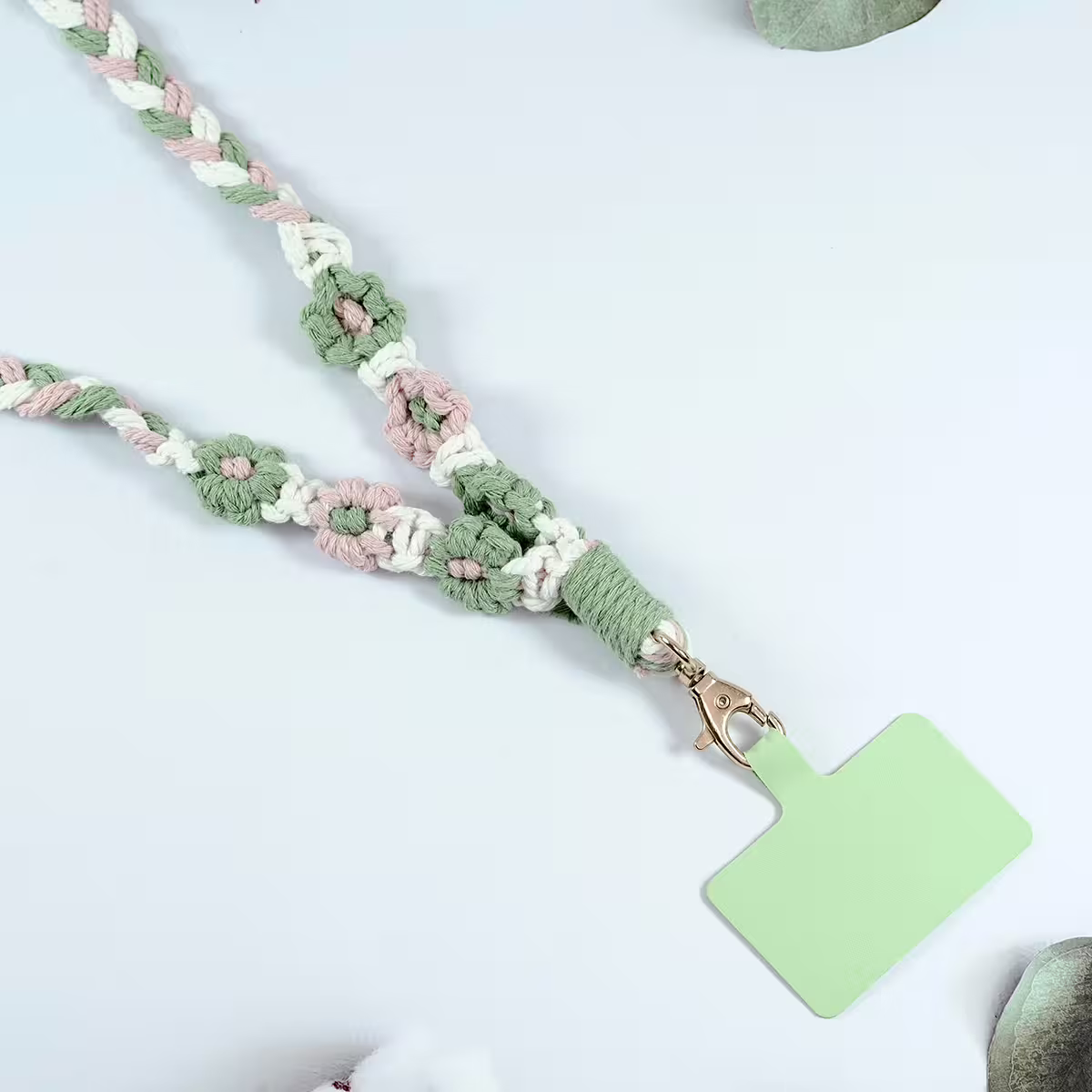 粗麻辮小花朵×手機單勾掛脖吊繩×粉綠-第3張