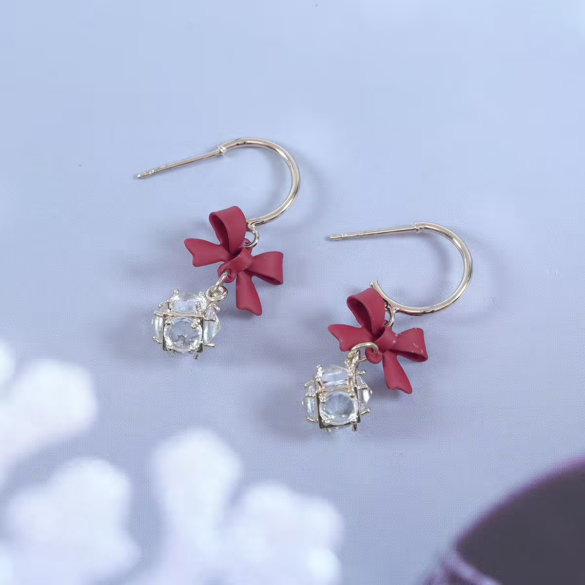 紅領結C字輕奢晶鑽球×吊墜耳環×紅色-第2張