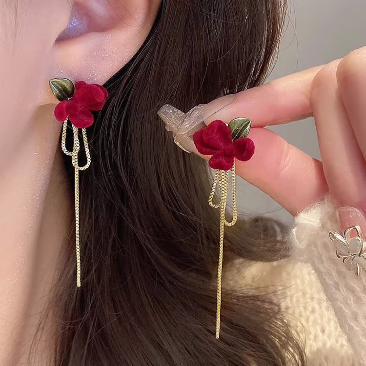 紅絲絨梔子花鍊條×後掛式吊墜耳環-第5張