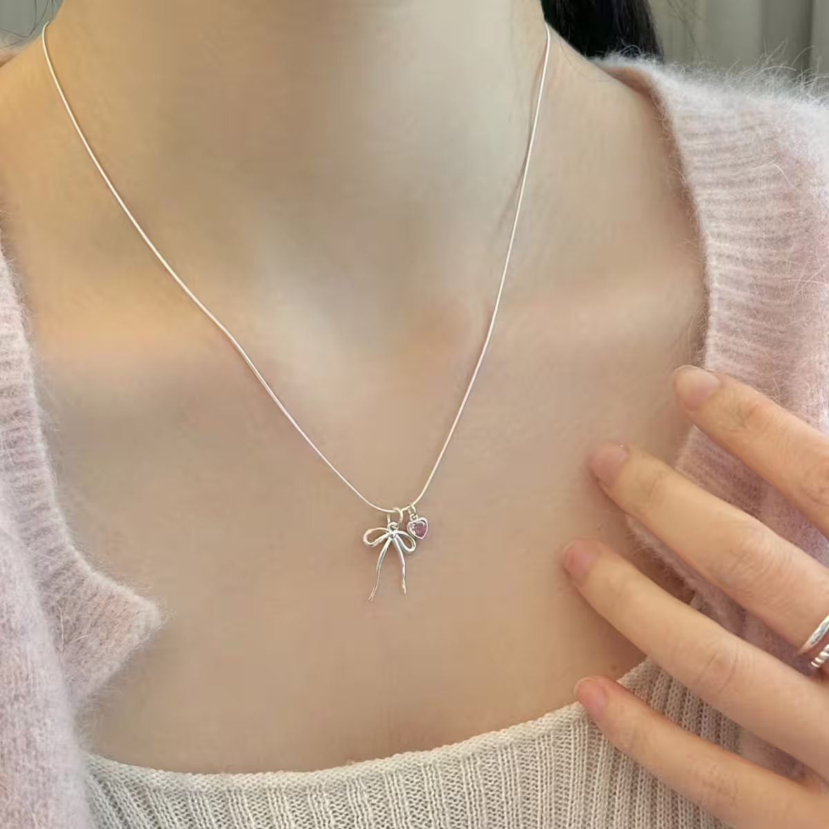 925銀飾&times;蛇骨蝴蝶結粉心&times;鎖骨項鍊-第5張