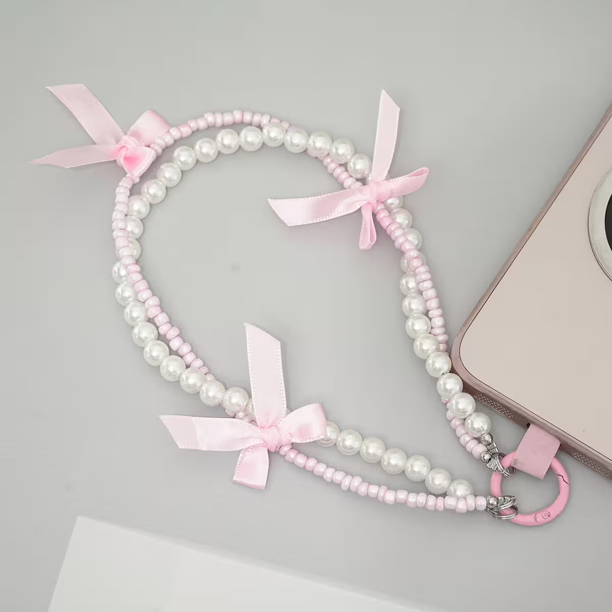 芭蕾風蝴蝶結珍珠&times;雙層手機腕帶掛繩&times;粉色-第2張