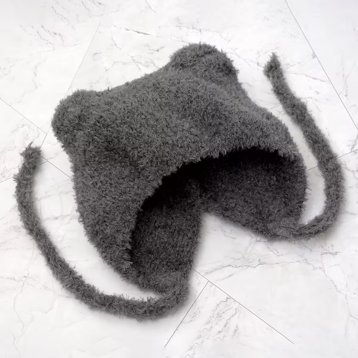 羔毛繫繩小耳朵&times;毛帽&times;灰色-第1張