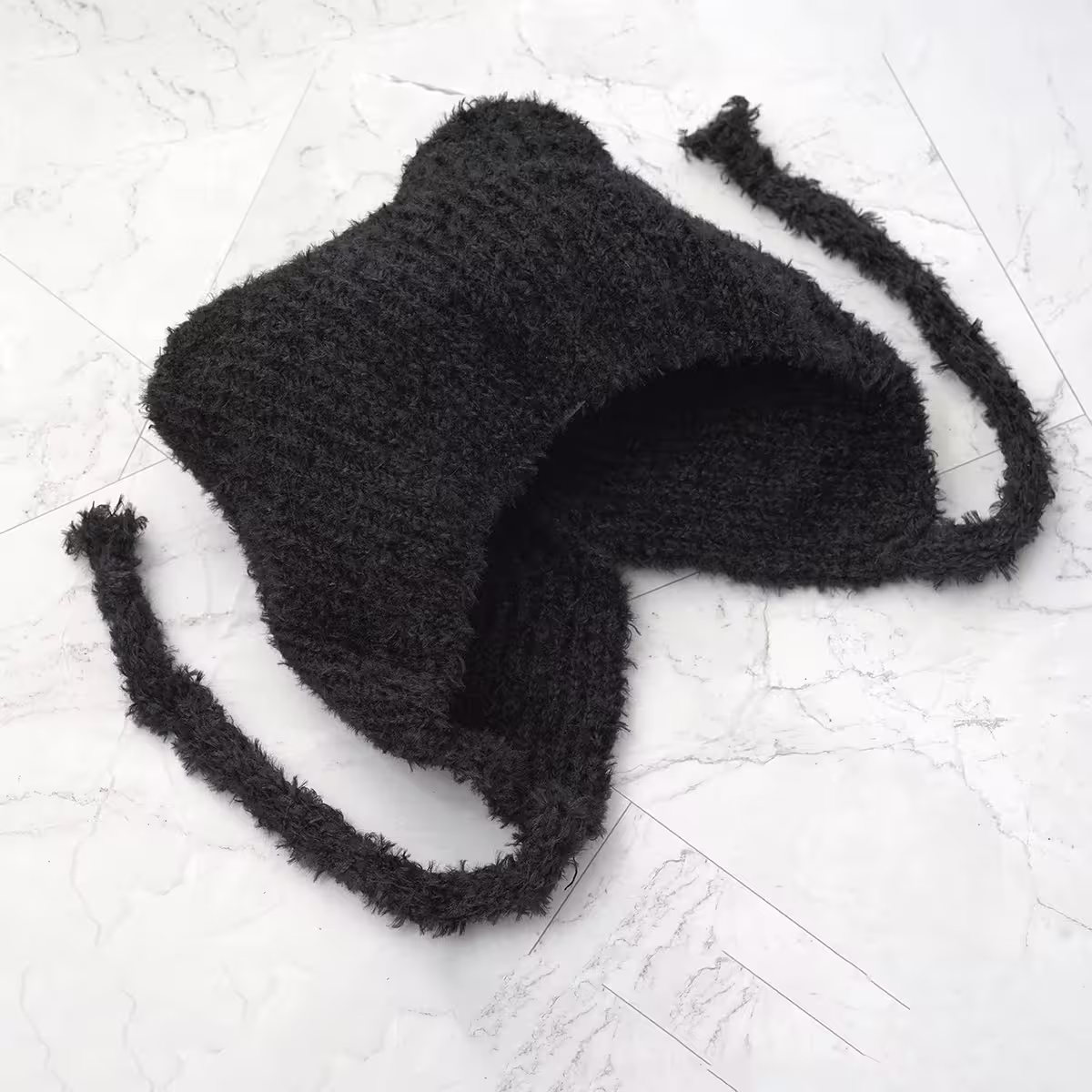 羔毛繫繩小耳朵&times;毛帽&times;黑色-第4張